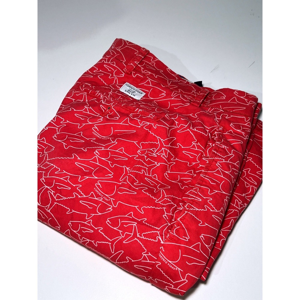 Vineyard Vines Golf Chino Pants Mens 40x30 Red AOP Shark Cotton Nautical Preppy